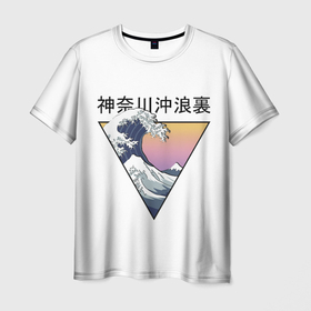 Мужская футболка 3D с принтом Большая волна в треугольнике в Белгороде, 100% полиэфир | прямой крой, круглый вырез горловины, длина до линии бедер | Тематика изображения на принте: fuji | japan | kanagava | kanagawa | kyoto | okinawa | osaka | retro | tokyo | wave | аниме | большая | волна | гора | канагава | киото | культура | море | ниндзя | океан | окинава | осака | самурай | стиль | токио | фудзи | фудзияма | япония
