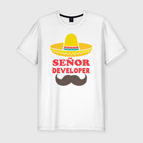 Мужская футболка хлопок Slim с принтом Ведущий разработчик в Белгороде, 92% хлопок, 8% лайкра | приталенный силуэт, круглый вырез ворота, длина до линии бедра, короткий рукав | coding | it | programming | senior developer | ведущий разработчик | кодинг | прогер | программирование | программист