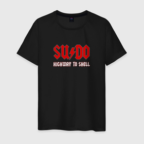 Мужская футболка хлопок с принтом SUDO. Highway to shell , 100% хлопок | прямой крой, круглый вырез горловины, длина до линии бедер, слегка спущенное плечо. | ac dc | coding | it | programming | shell | sudo | кодинг | прогер | программирование | программист