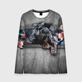 Мужской лонгслив 3D с принтом Пантера и цветы в Новосибирске, 100% полиэстер | длинные рукава, круглый вырез горловины, полуприлегающий силуэт | Тематика изображения на принте: 3д | 3д картина | 3дэ | голубые глаза | железо | животное | картина | кот | коты | кошка | метал | пантера | хищник | цветы | черная пантера