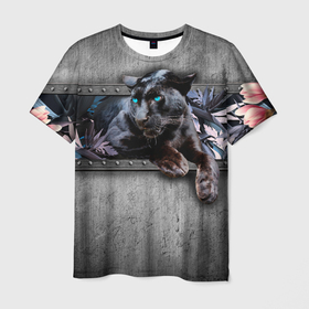 Мужская футболка 3D с принтом Пантера и цветы в Кировске, 100% полиэфир | прямой крой, круглый вырез горловины, длина до линии бедер | 3д | 3д картина | 3дэ | голубые глаза | железо | животное | картина | кот | коты | кошка | метал | пантера | хищник | цветы | черная пантера