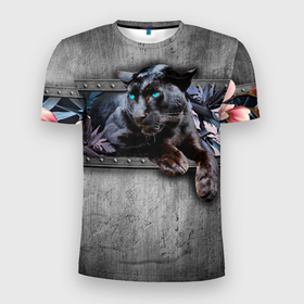 Мужская футболка 3D Slim с принтом Пантера и цветы в Новосибирске, 100% полиэстер с улучшенными характеристиками | приталенный силуэт, круглая горловина, широкие плечи, сужается к линии бедра | Тематика изображения на принте: 3д | 3д картина | 3дэ | голубые глаза | железо | животное | картина | кот | коты | кошка | метал | пантера | хищник | цветы | черная пантера