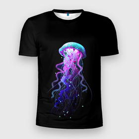 Мужская футболка 3D спортивная с принтом Jellyfish , 100% полиэстер с улучшенными характеристиками | приталенный силуэт, круглая горловина, широкие плечи, сужается к линии бедра | Тематика изображения на принте: art | black. neon | jellyfish | медуза