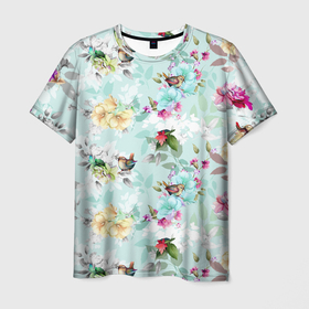 Мужская футболка 3D с принтом Весенние цветы в Тюмени, 100% полиэфир | прямой крой, круглый вырез горловины, длина до линии бедер | весна | дача | летние цветы | летняя | лето | паттерн | розы | сад | свежесть | текстуры | узор | цветы