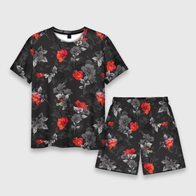 Мужской костюм с шортами 3D с принтом Красные цветы в Тюмени,  |  | весна | дача | летние цветы | летняя | лето | паттерн | розы | сад | свежесть | текстуры | узор | цветы