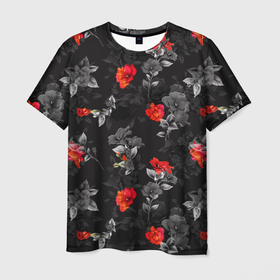 Мужская футболка 3D с принтом Красные цветы в Курске, 100% полиэфир | прямой крой, круглый вырез горловины, длина до линии бедер | весна | дача | летние цветы | летняя | лето | паттерн | розы | сад | свежесть | текстуры | узор | цветы