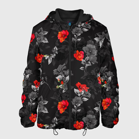 Мужская куртка 3D с принтом Красные цветы в Екатеринбурге, ткань верха — 100% полиэстер, подклад — флис | прямой крой, подол и капюшон оформлены резинкой с фиксаторами, два кармана без застежек по бокам, один большой потайной карман на груди. Карман на груди застегивается на липучку | Тематика изображения на принте: весна | дача | летние цветы | летняя | лето | паттерн | розы | сад | свежесть | текстуры | узор | цветы