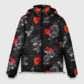 Мужская зимняя куртка 3D с принтом Красные цветы в Кировске, верх — 100% полиэстер; подкладка — 100% полиэстер; утеплитель — 100% полиэстер | длина ниже бедра, свободный силуэт Оверсайз. Есть воротник-стойка, отстегивающийся капюшон и ветрозащитная планка. 

Боковые карманы с листочкой на кнопках и внутренний карман на молнии. | весна | дача | летние цветы | летняя | лето | паттерн | розы | сад | свежесть | текстуры | узор | цветы