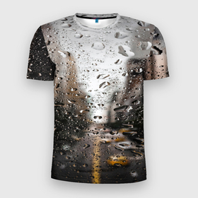 Мужская футболка 3D Slim с принтом Дождь капли на стекле город в Екатеринбурге, 100% полиэстер с улучшенными характеристиками | приталенный силуэт, круглая горловина, широкие плечи, сужается к линии бедра | абстракция | блики | боке | вода | город | градиент | дождь | дорога | капли | капли на стекле | круги | лето | пасмурно | природа | роса | свет | симметрия | темный | фото