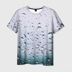 Мужская футболка 3D с принтом Капли окно стекло дождь серо в Новосибирске, 100% полиэфир | прямой крой, круглый вырез горловины, длина до линии бедер | абстракция | блики | боке | брызги | вечер | вода | градиент | дача | дождь | капли | капли на стекле | лес | лето | мрачно | окно | природа | роса | свет | силуэты | симметрия | текстура | темный | фото