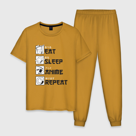 Мужская пижама хлопок с принтом Eat Sleep Anime Repeat в Петрозаводске, 100% хлопок | брюки и футболка прямого кроя, без карманов, на брюках мягкая резинка на поясе и по низу штанин
 | anime | cosplay | eat | i like | i love anime | repeat | sleep | аниме | анимешник | для анимешника | еда | ешь | косплей | манга | мантра | мне нравится | мультики | мультфильм | мультфильмы | пища | повтор | повтори | повторяй