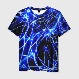 Мужская футболка 3D с принтом Абстракция синее свечение в Новосибирске, 100% полиэфир | прямой крой, круглый вырез горловины, длина до линии бедер | абстракция | запутанный | линии | неон | непонятный | свечение | синий | узор