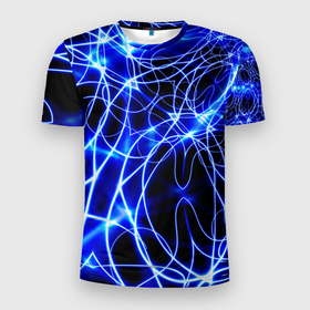 Мужская футболка 3D Slim с принтом Абстракция синее свечение в Новосибирске, 100% полиэстер с улучшенными характеристиками | приталенный силуэт, круглая горловина, широкие плечи, сужается к линии бедра | абстракция | запутанный | линии | неон | непонятный | свечение | синий | узор