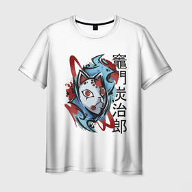 Мужская футболка 3D с принтом Маска Тандзиро в Санкт-Петербурге, 100% полиэфир | прямой крой, круглый вырез горловины, длина до линии бедер | demon | slayer | аниме | гию | демонов | зеницу | иероглифы | иноске | камадо | кандзи | клинок | нэдзуко | рассекающий | стиль | танджиро | тандзиро | шинобу | япония | японский