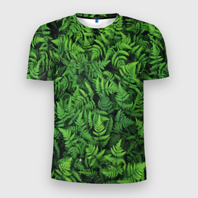 Мужская футболка 3D Slim с принтом ПАПОРОТНИК в Курске, 100% полиэстер с улучшенными характеристиками | приталенный силуэт, круглая горловина, широкие плечи, сужается к линии бедра | summer | tropic | жара | летний | лето | отдых | пальмы | природа | текстура | тропикано | тропики