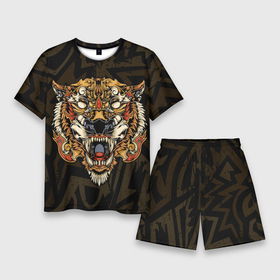 Мужской костюм с шортами 3D с принтом Тигровый стимпанк (Tiger) ,  |  | барс | волк | детёныш | джунгли | енот | животное | злость | зубр | клыки | кот | лев | леопард | лес | листья | львица | медведь | монстр | оскал | охотник | пасть | полосы | пятнистая | рык | рычание | тигр