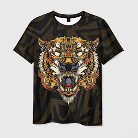 Мужская футболка 3D с принтом Тигровый стимпанк (Tiger) , 100% полиэфир | прямой крой, круглый вырез горловины, длина до линии бедер | барс | волк | детёныш | джунгли | енот | животное | злость | зубр | клыки | кот | лев | леопард | лес | листья | львица | медведь | монстр | оскал | охотник | пасть | полосы | пятнистая | рык | рычание | тигр