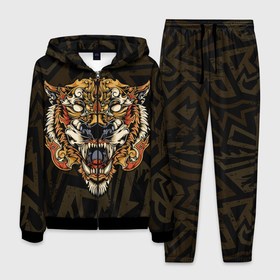 Мужской костюм 3D с принтом Тигровый стимпанк (Tiger) в Екатеринбурге, 100% полиэстер | Манжеты и пояс оформлены тканевой резинкой, двухслойный капюшон со шнурком для регулировки, карманы спереди | барс | волк | детёныш | джунгли | енот | животное | злость | зубр | клыки | кот | лев | леопард | лес | листья | львица | медведь | монстр | оскал | охотник | пасть | полосы | пятнистая | рык | рычание | тигр