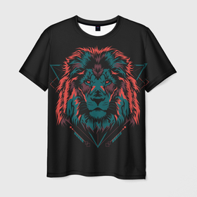 Мужская футболка 3D с принтом Лев на закате в Тюмени, 100% полиэфир | прямой крой, круглый вырез горловины, длина до линии бедер | buddha | leo | music | будда | грива | животные | закат | зверей | кошка | лев | лето | львенок | музыка | музыкальный | неоновая | очки | пляж | прайд | разноцветная | синяя | солнце | тату | татуировки | тигр