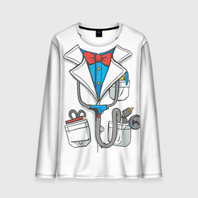 Мужской лонгслив 3D с принтом Докторский халат в Новосибирске, 100% полиэстер | длинные рукава, круглый вырез горловины, полуприлегающий силуэт | Тематика изображения на принте: cosplay | doctor | surgeon | бабочка | больничный | в виде врача | врач | врача | врачебный | госпиталь | для ролевых игр | доктор | доктора | докторский | карманы | косплей | костюм врача | стетоскоп | халат