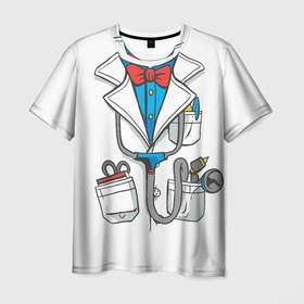 Мужская футболка 3D с принтом Докторский халат в Новосибирске, 100% полиэфир | прямой крой, круглый вырез горловины, длина до линии бедер | Тематика изображения на принте: cosplay | doctor | surgeon | бабочка | больничный | в виде врача | врач | врача | врачебный | госпиталь | для ролевых игр | доктор | доктора | докторский | карманы | косплей | костюм врача | стетоскоп | халат