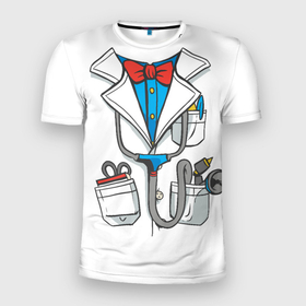 Мужская футболка 3D спортивная с принтом Докторский халат в Новосибирске, 100% полиэстер с улучшенными характеристиками | приталенный силуэт, круглая горловина, широкие плечи, сужается к линии бедра | Тематика изображения на принте: cosplay | doctor | surgeon | бабочка | больничный | в виде врача | врач | врача | врачебный | госпиталь | для ролевых игр | доктор | доктора | докторский | карманы | косплей | костюм врача | стетоскоп | халат
