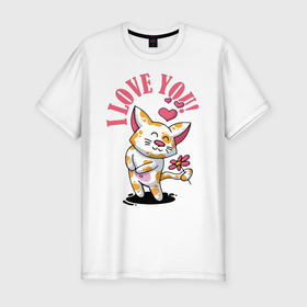 Мужская футболка хлопок Slim с принтом I love you в Тюмени, 92% хлопок, 8% лайкра | приталенный силуэт, круглый вырез ворота, длина до линии бедра, короткий рукав | cat | ears | eyes | flower | gift | heart | kitten | love | moustache | muzzle | paws | shadow | tail | арт | глаза | животные | картинка | кот | котенок | кошка | лапы | любовь | рисунок | сердце | тень | усы | уши | хвост | цветок