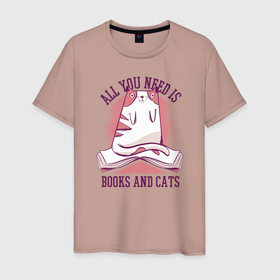 Мужская футболка хлопок с принтом All you need is books and cats в Белгороде, 100% хлопок | прямой крой, круглый вырез горловины, длина до линии бедер, слегка спущенное плечо. | bite | book | books | cat | cats | cute | kitten | kitty | meow | pussycat | read | reading | забавный | кис кис | киса | киска | книга | книги | кот | котенок | коты | котята | кошка | кошки | кусь | милый | мяу | прикол | приколы | смешной 