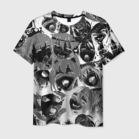 Мужская футболка 3D с принтом Ахегао паттерн черный в Екатеринбурге, 100% полиэфир | прямой крой, круглый вырез горловины, длина до линии бедер | ahegao | kawai | kowai | oppai | otaku | senpai | sugoi | waifu | yandere | ахегао | ковай | отаку | семпай | сенпай | сэмпай | яндере
