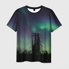 Мужская футболка 3D с принтом Северное сияние в Петрозаводске, 100% полиэфир | прямой крой, круглый вырез горловины, длина до линии бедер | Тематика изображения на принте: дерево | деревья | звезда | звездное | звезды | космический | космос | космосе | кусты | лес | леса | лесной | лучи | небо | ночное | ночь | природа | север | северное | сияние | сиянием | сияния