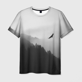 Мужская футболка 3D с принтом ОРЁЛ НАД ЛЕСОМ , 100% полиэфир | прямой крой, круглый вырез горловины, длина до линии бедер | bird | dark | fog | forest | heaven | jh k | ktc | sky | texture | деревья | животные | лес | небо | орел | природа | птица | птицы | текстуры | тёмный лес | туман