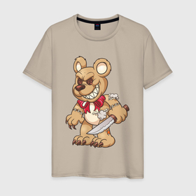 Мужская футболка хлопок с принтом Медведь с ножом в Белгороде, 100% хлопок | прямой крой, круглый вырез горловины, длина до линии бедер, слегка спущенное плечо. | Тематика изображения на принте: медведь | медведь с ножом | мишка | мишка с ножом | плюшевый медведь | плюшевый медведь с ножом | плюшевый мишка с ножом
