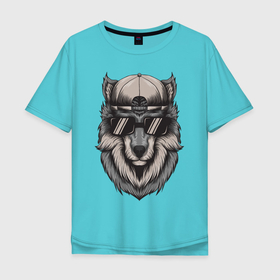 Мужская футболка хлопок Oversize с принтом Волк в очках в Екатеринбурге, 100% хлопок | свободный крой, круглый ворот, “спинка” длиннее передней части | wolf | волк | волк в кепке | волк в кепке и очках | волк в очках | голова волка | крутой волк