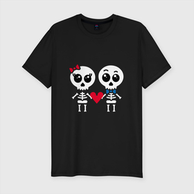 Мужская футболка хлопок Slim с принтом Вечная любовь в Новосибирске, 92% хлопок, 8% лайкра | приталенный силуэт, круглый вырез ворота, длина до линии бедра, короткий рукав | eyes | heart | love | ribbon | skeleton | skull | unity | бант | глаза | единство | любовь | сердце | скелет | череп