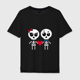 Мужская футболка хлопок Oversize с принтом Вечная любовь в Курске, 100% хлопок | свободный крой, круглый ворот, “спинка” длиннее передней части | eyes | heart | love | ribbon | skeleton | skull | unity | бант | глаза | единство | любовь | сердце | скелет | череп