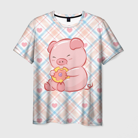 Мужская футболка 3D с принтом Свинка ест пончик в Санкт-Петербурге, 100% полиэфир | прямой крой, круглый вырез горловины, длина до линии бедер | арт | еда | животное | животные | картинка | кушать | люблю покупать | милая | обжора | обжорство | рисунок | свинина | свинка | свиньи | свинья | свинюшка | толстая | толстый