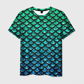 Мужская футболка 3D с принтом Змеиная кожа в Курске, 100% полиэфир | прямой крой, круглый вырез горловины, длина до линии бедер | Тематика изображения на принте: бирюзовый | блики | зеленый | змея | кожа | свет | синий | чешуя