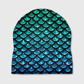 Шапка 3D с принтом Змеиная кожа в Тюмени, 100% полиэстер | универсальный размер, печать по всей поверхности изделия | бирюзовый | блики | зеленый | змея | кожа | свет | синий | чешуя