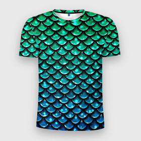 Мужская футболка 3D спортивная с принтом Змеиная кожа , 100% полиэстер с улучшенными характеристиками | приталенный силуэт, круглая горловина, широкие плечи, сужается к линии бедра | Тематика изображения на принте: бирюзовый | блики | зеленый | змея | кожа | свет | синий | чешуя