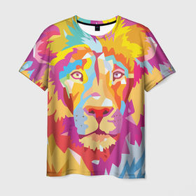 Мужская футболка 3D с принтом Акварельный лев , 100% полиэфир | прямой крой, круглый вырез горловины, длина до линии бедер | арт | грива | деко | жедтая | животные | закат | зверей | золото | кошка | лев | лето | львенок | неоновая | очки | пляж | прайд | разноцветная | солнце | тигр | узоры | царь | яркие