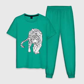 Мужская пижама хлопок с принтом Тигр в Екатеринбурге, 100% хлопок | брюки и футболка прямого кроя, без карманов, на брюках мягкая резинка на поясе и по низу штанин
 | белый тигр | бенгальский тигр | большие кошки | дикие кошки | крупные кошки | тигр