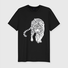 Мужская футболка хлопок Slim с принтом Тигр в Санкт-Петербурге, 92% хлопок, 8% лайкра | приталенный силуэт, круглый вырез ворота, длина до линии бедра, короткий рукав | белый тигр | бенгальский тигр | большие кошки | дикие кошки | крупные кошки | тигр