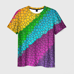 Мужская футболка 3D с принтом Яркая мозаика , 100% полиэфир | прямой крой, круглый вырез горловины, длина до линии бедер | желтый | зелёный | красный | мозаика | оранжевый | радуга | синий | фиолетовый | цвета | яркие | яркие цвета