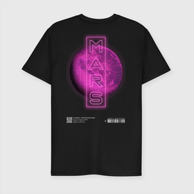 Мужская футболка хлопок Slim с принтом MARS (МАРС) в Петрозаводске, 92% хлопок, 8% лайкра | приталенный силуэт, круглый вырез ворота, длина до линии бедра, короткий рукав | звёзды | иероглифы | коды | космос | марс | неон | планета | розовый