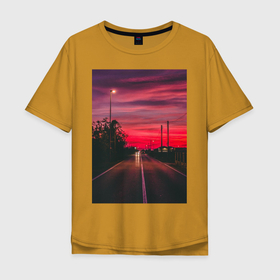 Мужская футболка хлопок Oversize с принтом дорога в Тюмени, 100% хлопок | свободный крой, круглый ворот, “спинка” длиннее передней части | Тематика изображения на принте: cars | road | горизонт | дорога | закат