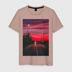 Мужская футболка хлопок с принтом дорога в Белгороде, 100% хлопок | прямой крой, круглый вырез горловины, длина до линии бедер, слегка спущенное плечо. | Тематика изображения на принте: cars | road | горизонт | дорога | закат