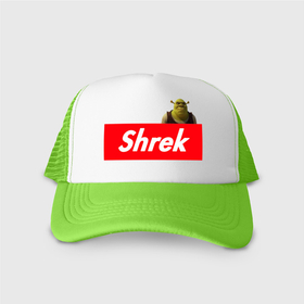 Кепка тракер с сеткой с принтом Shrek , трикотажное полотно; задняя часть — сетка | длинный козырек, универсальный размер, пластиковая застежка | shrek | shrek is life | мемы | огр кек | суприм | суприм лого | шрек