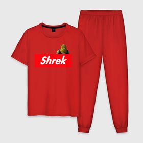 Мужская пижама хлопок с принтом Shrek в Петрозаводске, 100% хлопок | брюки и футболка прямого кроя, без карманов, на брюках мягкая резинка на поясе и по низу штанин
 | shrek | shrek is life | мемы | огр кек | суприм | суприм лого | шрек
