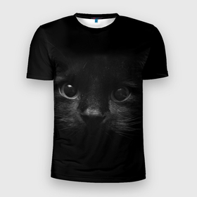 Мужская футболка 3D Slim с принтом Чёрный кот в Курске, 100% полиэстер с улучшенными характеристиками | приталенный силуэт, круглая горловина, широкие плечи, сужается к линии бедра | Тематика изображения на принте: животные | кот | коты | кошка | кошки | питомцы