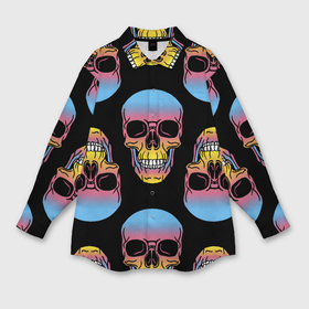 Женская рубашка oversize 3D с принтом Neon skulls   pattern в Кировске,  |  | color | grin | jaw | neon | skull | teeth | неон | оскал | пасть | цвет | череп